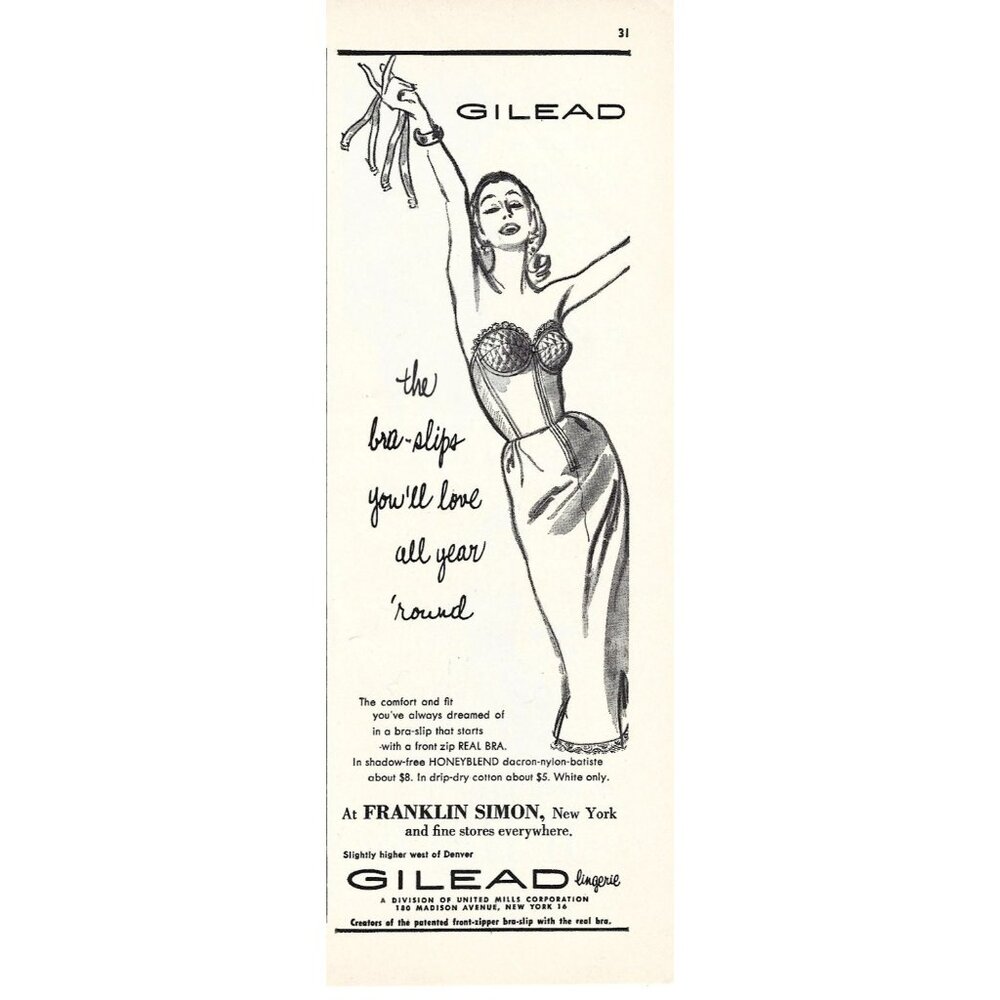 Gilead Lingerie Franklin Simon Women Fashion 1950s Vintage Print Ad 9 inch Tall